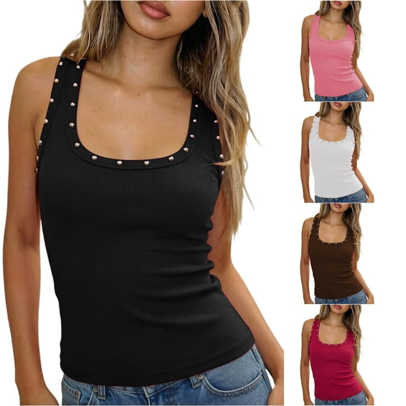 XIAONU Women's Studded Square Neck Ribbed Tank Slim Fit Sleeveless Street Casual Cami