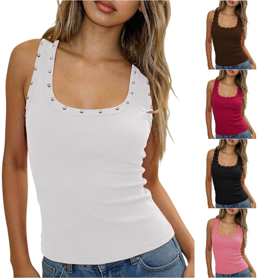 XIAONU Women's Studded Trim Square Neck Ribbed Tank Slim Fit Sleeveless Street Casual Cami