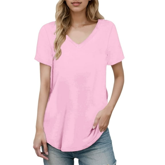 XIAONU Women's Stylish V-Neck Short Sleeve Casual Tee Soft Breathable Loose Fit Top Daily Wear