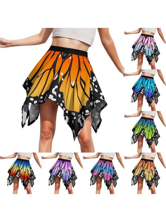 Women's Summer Butterfly Print Skirt High Waisted Handkerchief Hem Casual Mini Skirts
