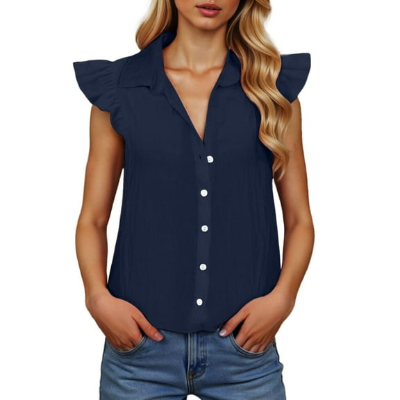 XIAONU Women's Summer Casual V Neck Lace Sleeve Lapel Button Down Lined Shirt Fashion Comfort