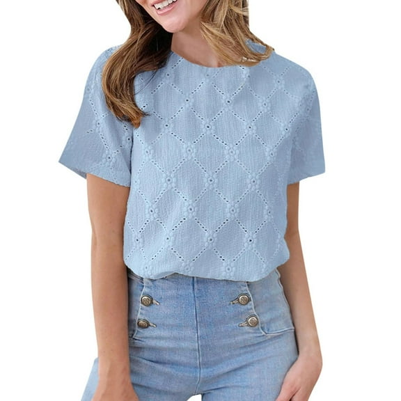 XIAONU Women's Summer Embroidered Floral Jacquard Knit Top Casual Round Neck Short Sleeve Pullover Blouse