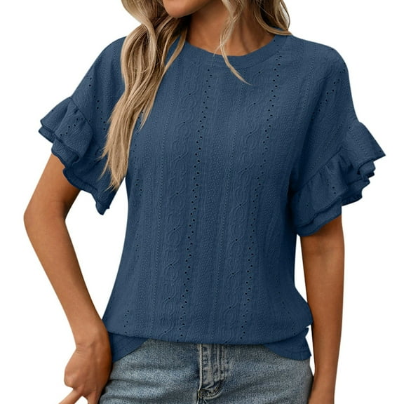 XIAONU Women's Summer Ruffle Detail Round Neck Short Sleeve Knit Jacquard Casual Tee Top