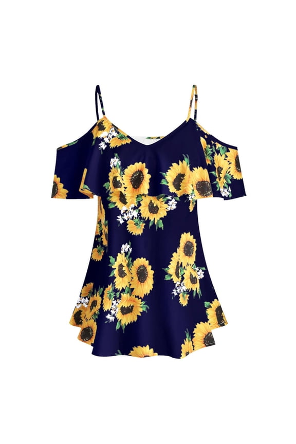 Women's Sunflower Printed Blouse Cold Shoulder Short Sleeve Ruffled Casual Camisole