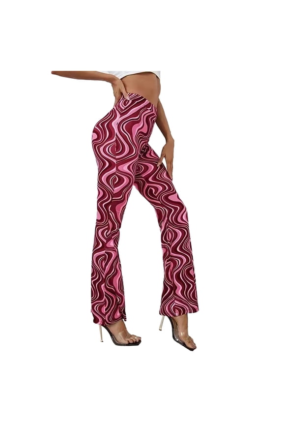 Women's Swirl Print Flare Pants High Waist Retro Wave Design Trousers Stretchy Y2K Style Street Bottoms Red