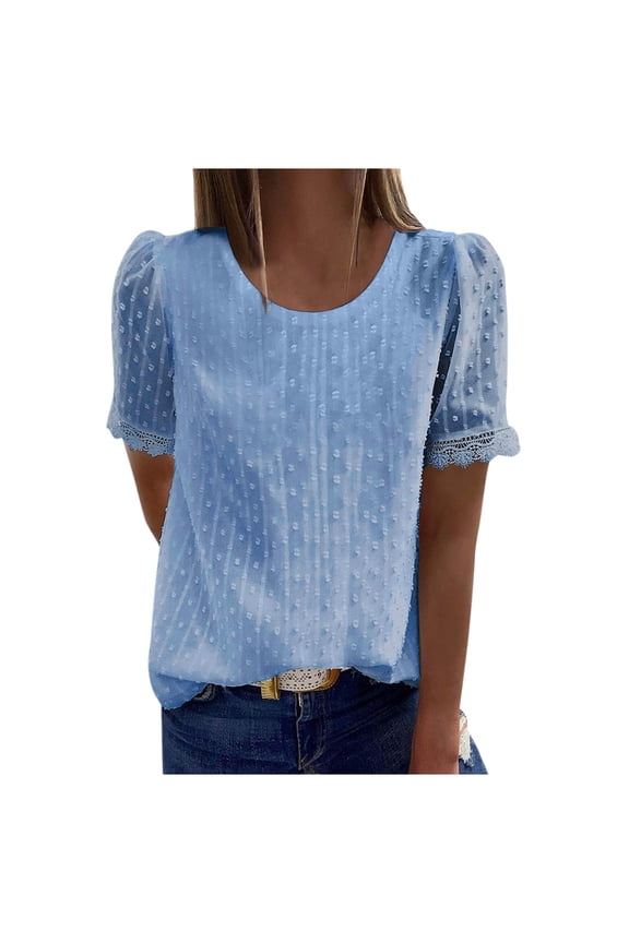 XIAONU Women's Swiss Dot Blouse Round Neck Puff Short Sleeve Lace Trim Top Elegant Casual Daily Office Blouse