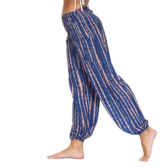 XIAONU Women's Tie Dye Harem Pants High Waist Ruched Trousers Breathable Casual Lounge Bottoms Blue