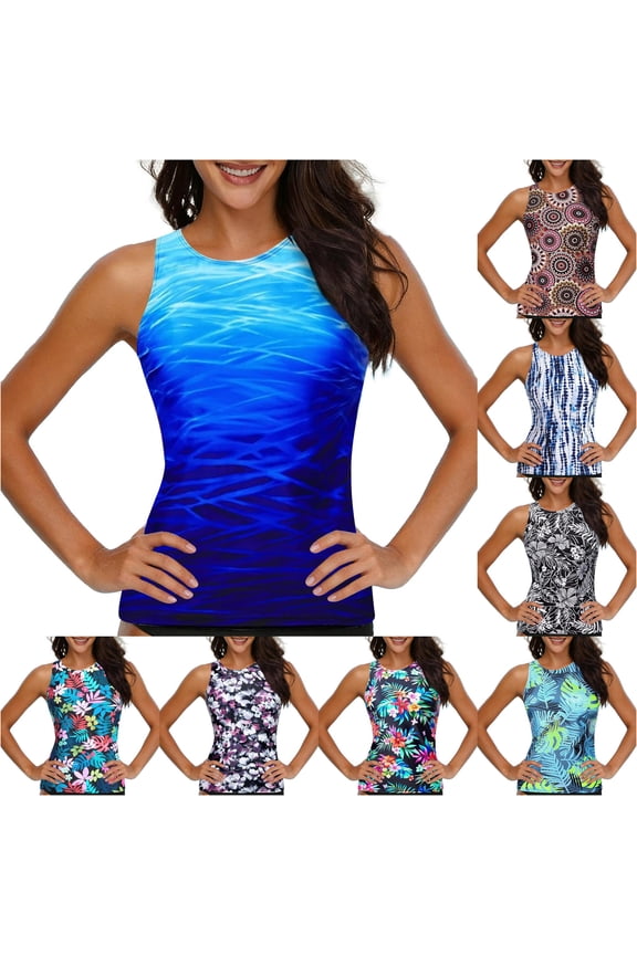 Women's Tie Dye High Neck Tankini Top Printed Summer Pool Open Back Swim Tank Top