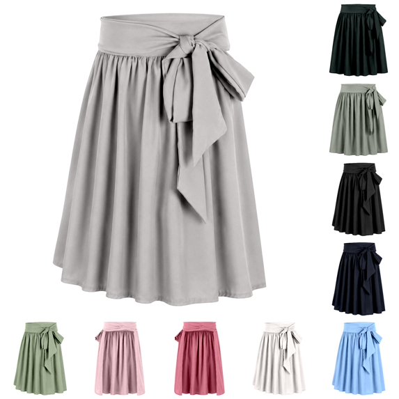 XIAONU Women's Tie Wrap Skirt High Waist Pleated A Line Midi Casual Bottoms