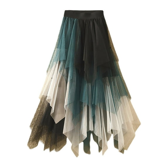 XIAONU Women's Tulle Midi Skirt Asymmetrical Layered Color Block Skirt Flowy Artistic Party Skirts