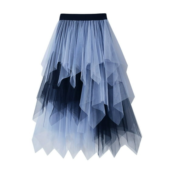 XIAONU Women's Tulle Midi Skirt Asymmetrical Layered Color Block Skirt Flowy Artistic Party Skirts
