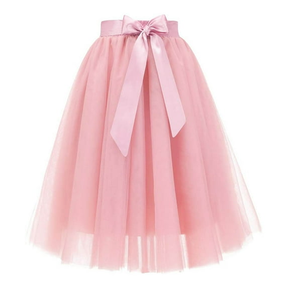 XIAONU Women's Tulle Midi Skirt High Waist Bow Elegant Flowy Skirt Solid Color A Line Party Skirt