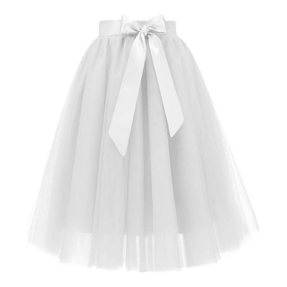 XIAONU Women's Tulle Midi Skirt High Waist Bow Elegant Flowy Skirt Solid Color A Line Party Skirt