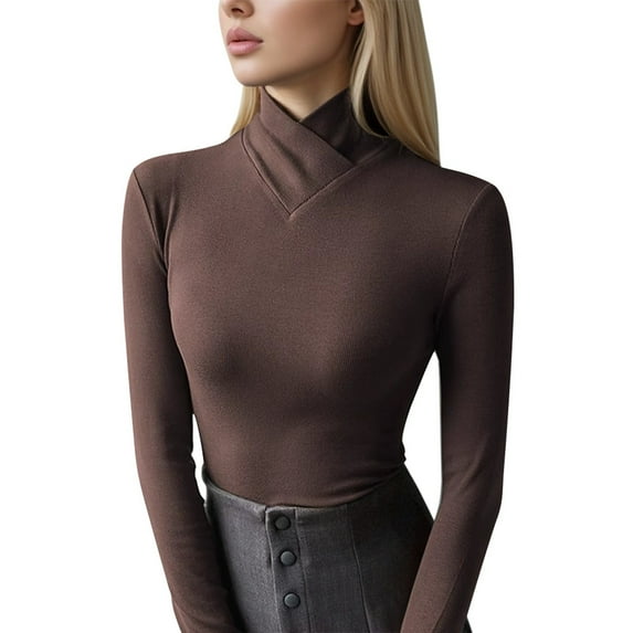 XIAONU Women's Turtleneck Long Sleeve Top Cross Collar Slim-Fit Stretchy Shirt Daily Office Casual Wear Blouse
