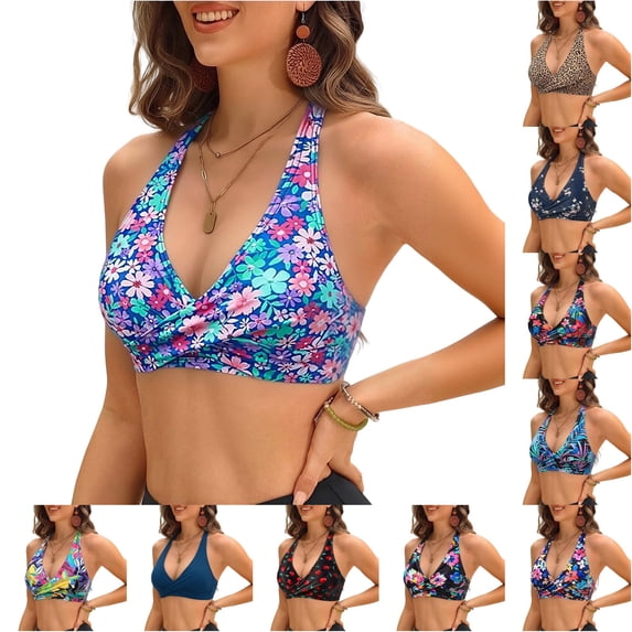 XIAONU Women's Twist Front Swim Top Halter V Neck Summer Beach Swim Bra