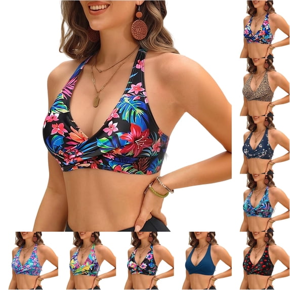 XIAONU Women's Twist Front Swim Top Halter V Neck Summer Beach Swim Bra