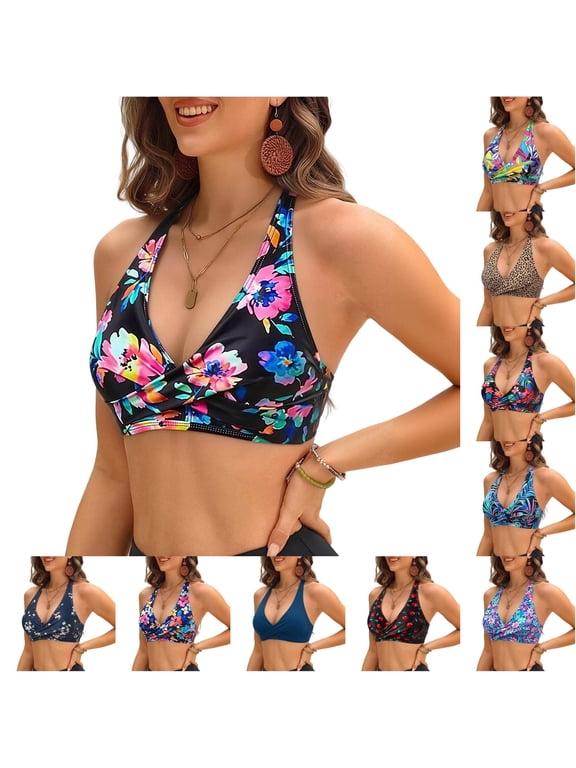 Women's Twist Front Swim Top Halter V Neck Summer Beach Swim Bra