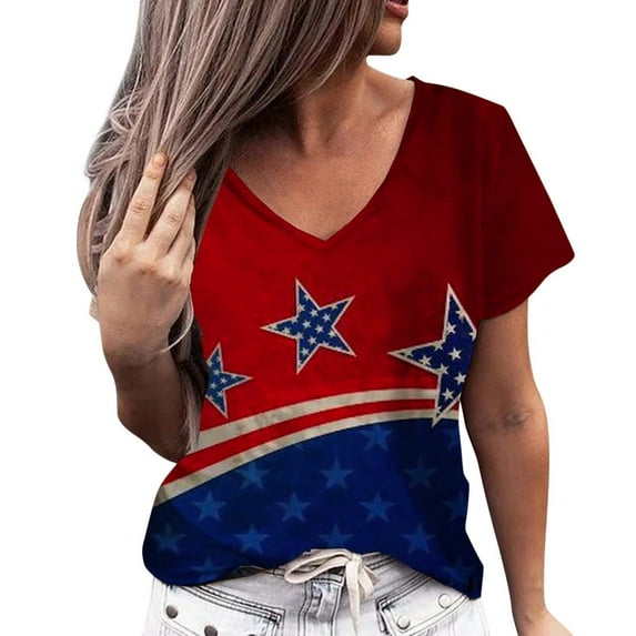XIAONU Women's US Flag Letter Print V-Neck T-Shirt Short Sleeve Distressed Graphic Patriotic Pullover Top Casual Faith Inspired Daily Shirts
