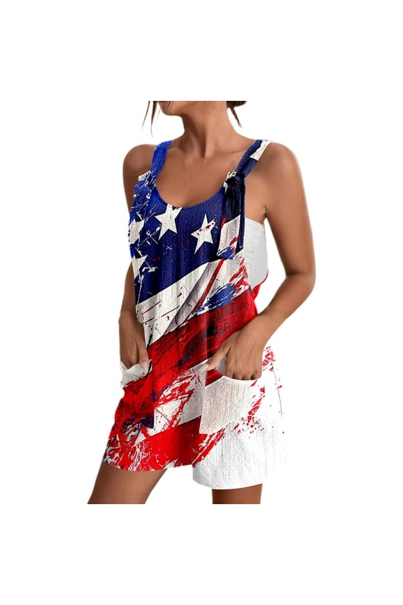 Women's USA Brush Stroke Romper Sleeveless Scoop Neck Pullover Jumpsuit Soft Patriotic Independence Day Overalls