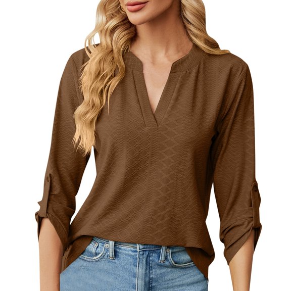 XIAONU Women's V-Neck Button Detail 3/4 Sleeve Casual T-Shirt Everyday Versatile Wear
