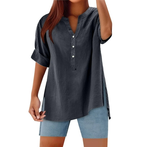 XIAONU Women's V Neck Button Down Casual Summer Shirt Side Slit Loose Fitting Tops Blouse Comfortable Wear