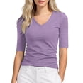 thumbnail image 1 of XIAONU Women's V Neck Elbow Sleeve T Shirt Solid Fitted Casual Basic Layering Daily Wear Tops, 1 of 4