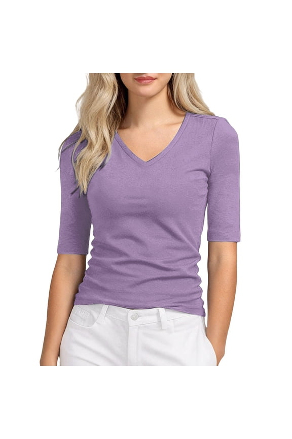 Women's V Neck Elbow Sleeve T Shirt Solid Fitted Casual Basic Layering Daily Wear Tops