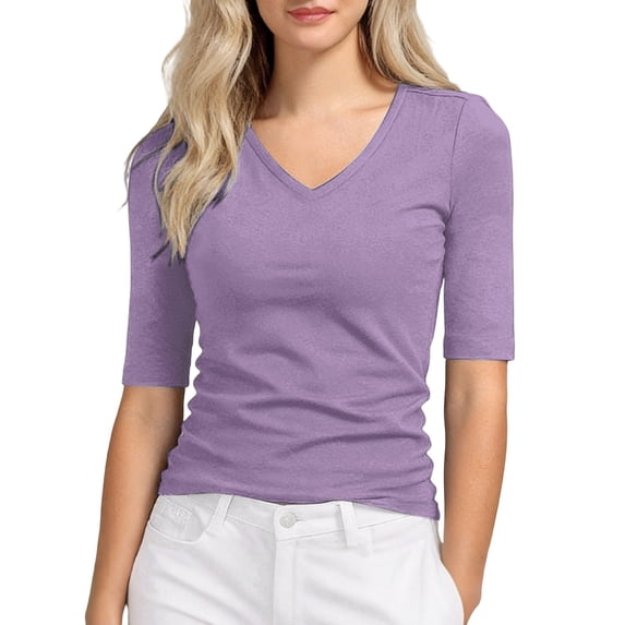 XIAONU Women's V Neck Elbow Sleeve T Shirt Solid Fitted Casual Basic Layering Daily Wear Tops