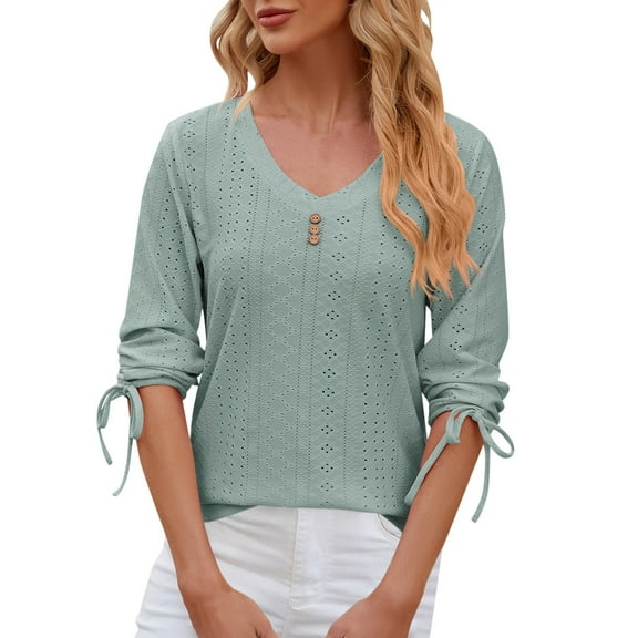 XIAONU Women's V-Neck Mid Sleeve Casual T-Shirt Decorative Button Detail Everyday Wear