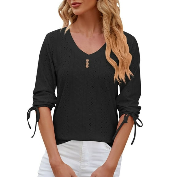 XIAONU Women's V-Neck Mid Sleeve Casual T-Shirt Decorative Button Detail Everyday Wear