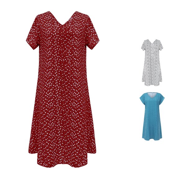 XIAONU Women's V-Neck Spring Midi Dress Short-Sleeve Graphic Casual Daily Knee-Length Tunic