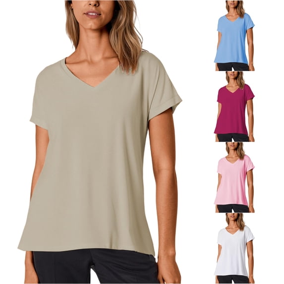 XIAONU Women's V Neck T Shirt Short Sleeve Hem Loose Fit Basic Top