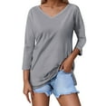 thumbnail image 1 of XIAONU Women's V Neck Three Quarter Sleeve Solid Color Casual T-Shirt Top Regular Fit Basic Tee, 1 of 4