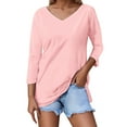 thumbnail image 1 of XIAONU Women's V Neck Three Quarter Sleeve Solid Color Casual T-Shirt Top Regular Fit Basic Tee, 1 of 4