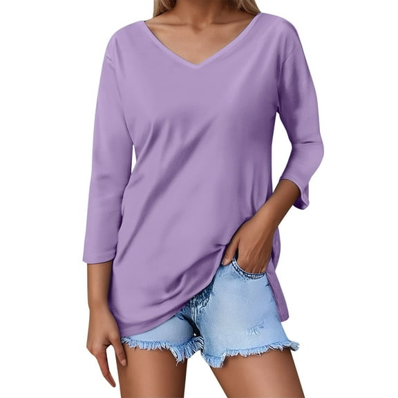 XIAONU Women's V Neck Three Quarter Sleeve Solid Color Casual T-Shirt Top Regular Fit Basic Tee