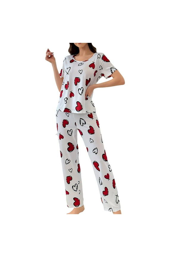 XIAONU Women's Valentine's Day Breathable Pajama Set Heart Loose Crew Neck Short Sleeve Sleepwear Gentle Cute Loungewear Pjs Set