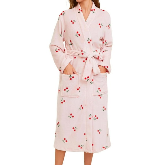 XIAONU Women's Valentine's Day Cozy Robe Set Cherry Print Relaxed V-Neck Long Sleeve Sleepwear Gentle Cheerful Loungewear Nightwear