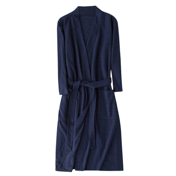 XIAONU Women’s Waffle-Knit Belted Bathrobe Three-Quarter Sleeve Pocketed Relaxed Nightwear