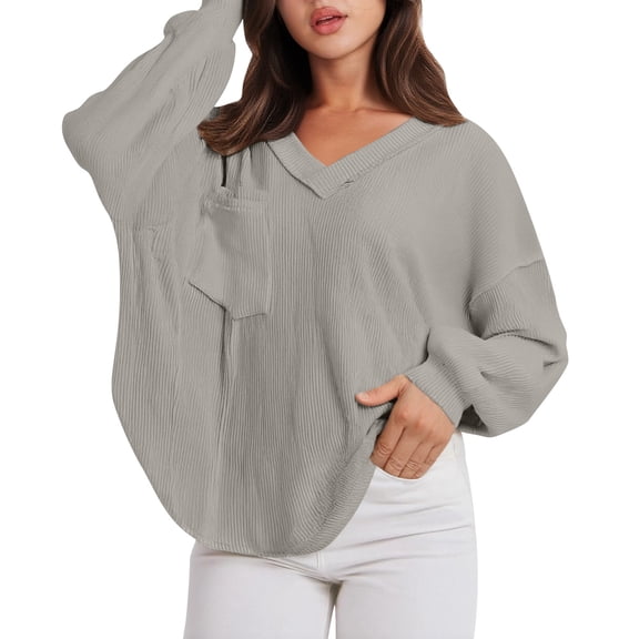 XIAONU Women's Waffle-Knit V-Neck Blouse Oversized Lantern Long-Sleeve Top Side Pocket Soft Relaxed-Fit Shirt