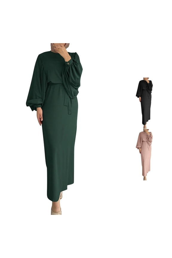 Women's Waist Tie Long Maxi Dress Balloon Sleeve Modest Daily Full Length Abaya