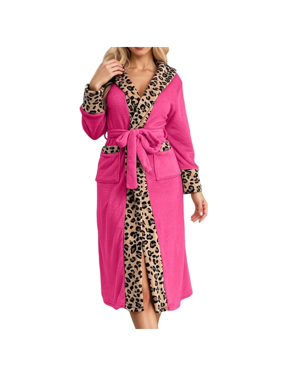 Women’s Warm Leopard-Print Trimmed Long Robe Soft Relaxed-Fit Casual Bedtime Sleepwear