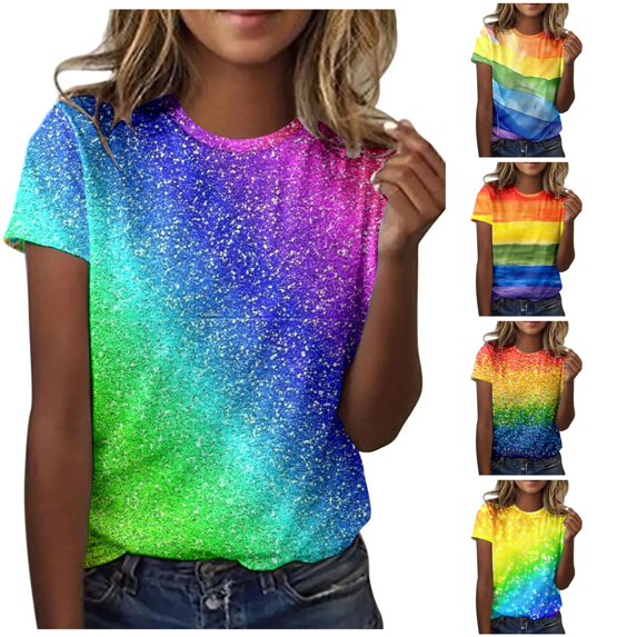 XIAONU Women's Watercolor Rainbow All Over Print Crew Neck Tee Loose Fit Holiday Daily Top