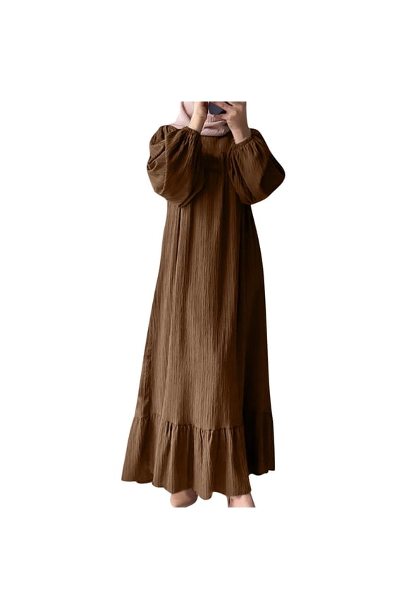 XIAONU Womens Abstract Print Abaya Dress Long Sleeve Ruffle Hem Modest Casual Daily Wear Outfit