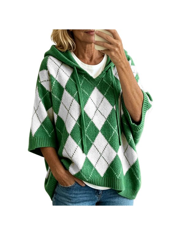 Womens Argyle Hooded Drawstring Knit Sweater Casual Fall Everyday Soft Pullover Hoodies