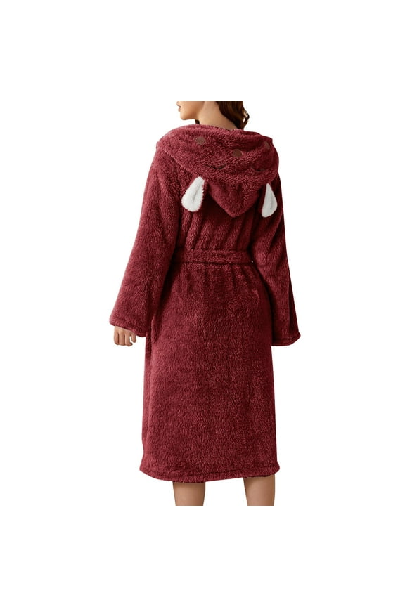 Womens Bathrobe Long Plush Robe With Cute Ear Hood And Belt Warm Cozy Playful Loungewear