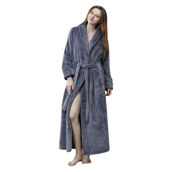 XIAONU Womens Bathrobe Long Plush Waffle-Texture Robe With Belt Warm Cozy Loungewear