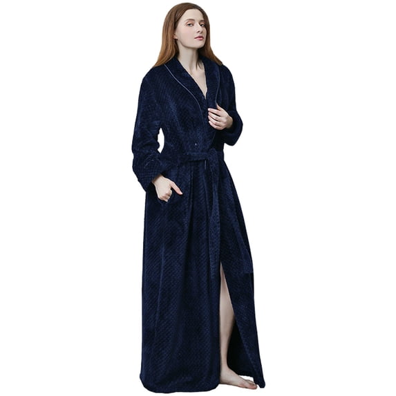 XIAONU Womens Bathrobe Long Plush Waffle-Texture Robe With Belt Warm Cozy Loungewear