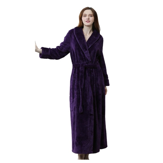 XIAONU Womens Bathrobe Long Plush Waffle-Texture Robe With Belt Warm Cozy Loungewear