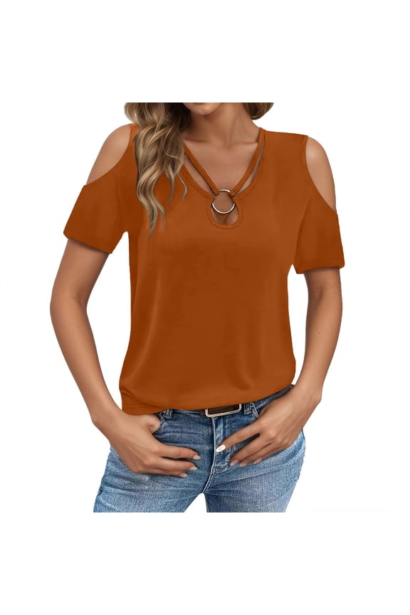 Womens Blouses Cross Front V Neck Off Shoulder Short Sleeve Shirt Solid Color baggy Trendy Pullover Shirt