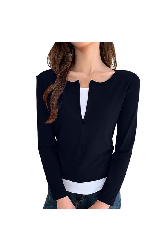 Womens Blouses Long Sleeve Zip Front Slim Fit Tops Comfortable Vintage Solid Color V Neck Pullover Shirts